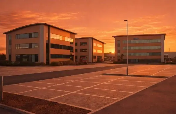Completed car park at the NETA Engineering Training Centre showing newly constructed surfacing, marked parking bays, pedestrian routes, and drainage works delivered by Britcon.