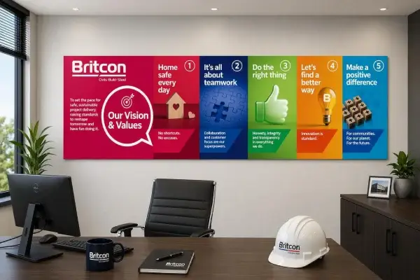 Vision and values mock up display for Britcon branding