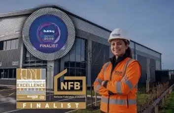 Britcon awards shortlisting graphic featuring Building Awards 2026 and NFB Construction Awards of Excellence 2026 logos alongside Britcon branding.